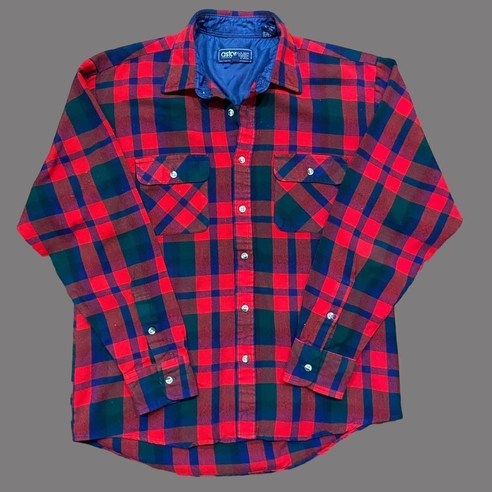 Astor One Vintage 80s Plaid Red Navy Green Flannel Shirt Men's Size Medium